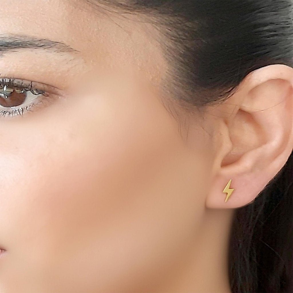 14K Solid Gold Everyday Lightning Bolt Stud Earrings, gallery view 6 of 6