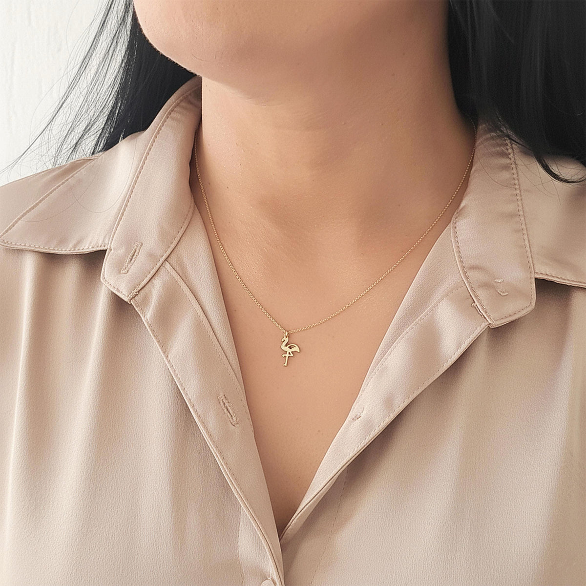 14K Solid Gold Flamingo Necklace – Dainty Charm, main product view