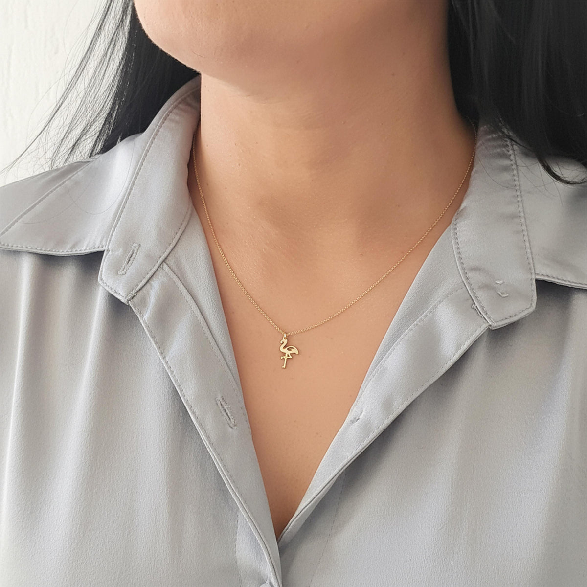 14K Solid Gold Flamingo Necklace – Dainty Charm, gallery view 2 of 8