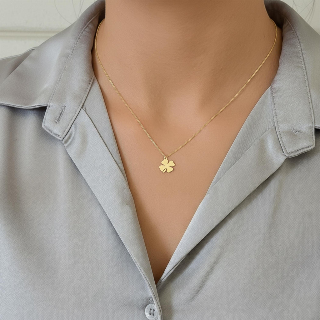 14K Solid Gold Four-Leaf Clover Necklace – Dainty Luck Charm, gallery view 2 of 6