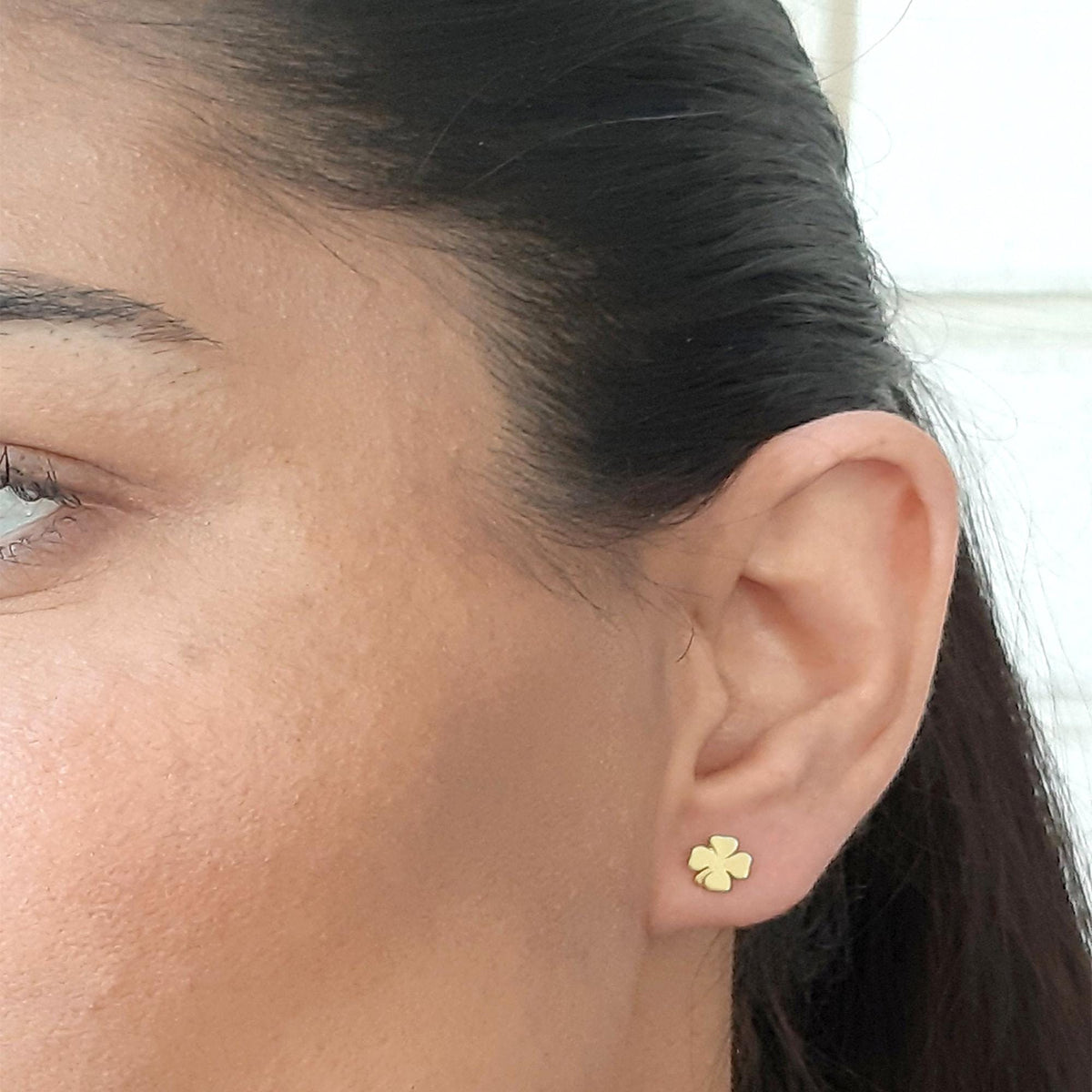 14K Solid Gold Four-Leaf Clover Stud Earrings, gallery view 4 of 7