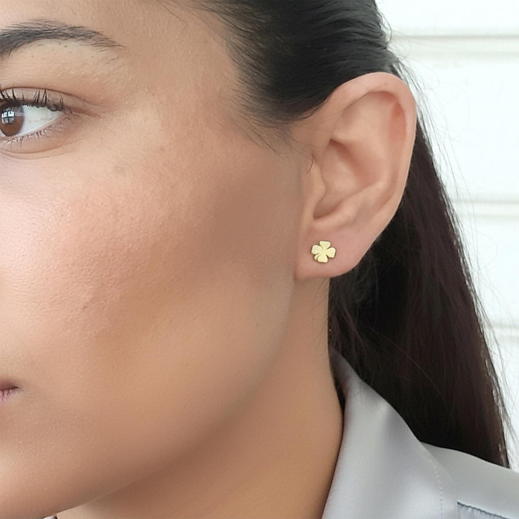 14K Solid Gold Four-Leaf Clover Stud Earrings, gallery view 7 of 7