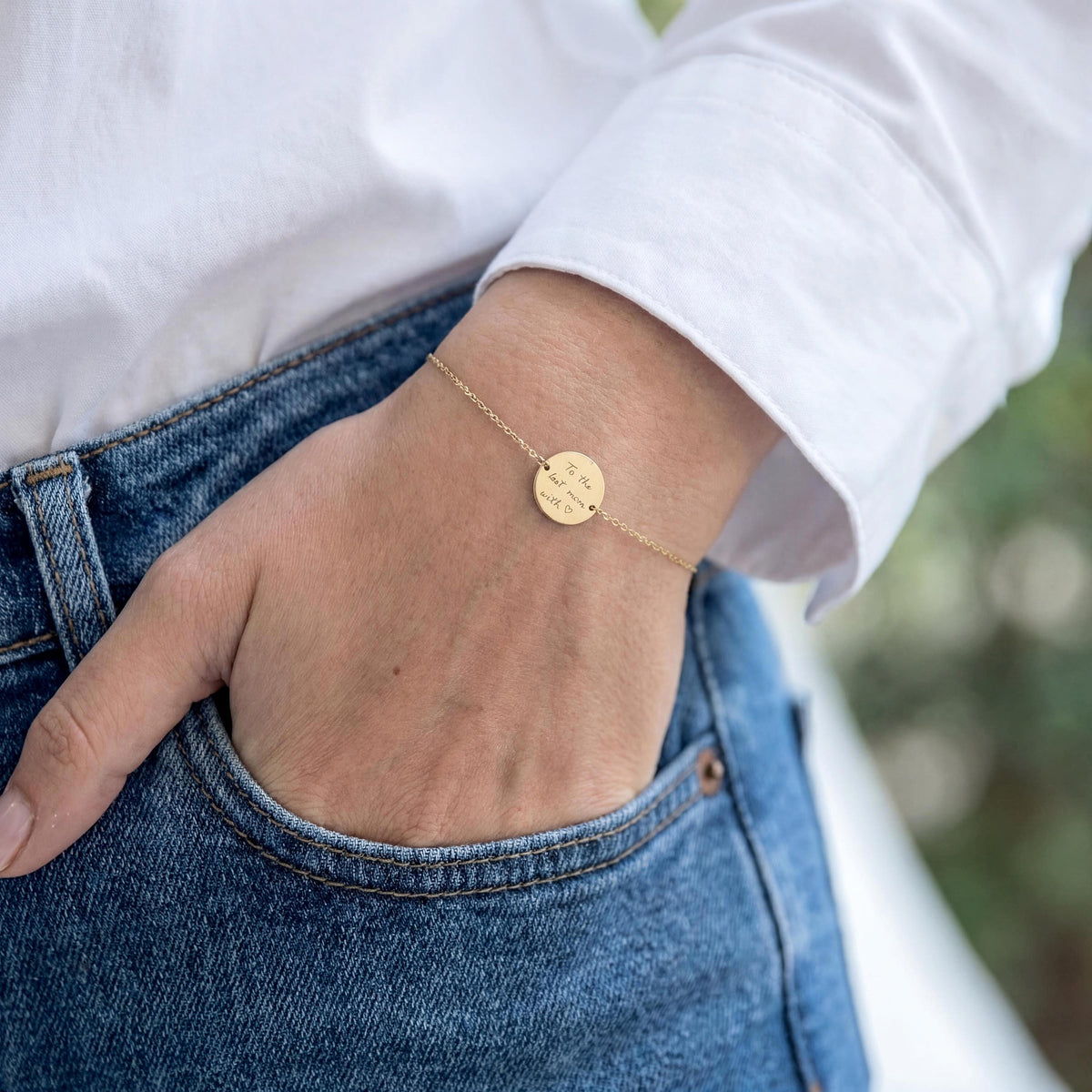 14K Solid Gold Handwriting Disc Bracelet – Personalized Engraving, main product view