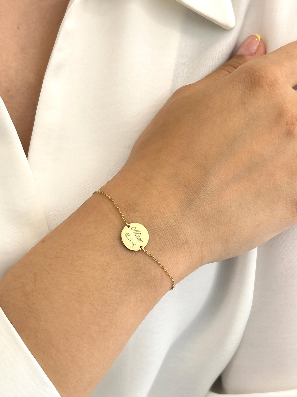 14K Solid Gold Handwriting Disc Bracelet – Personalized Engraving, gallery view 10 of 10
