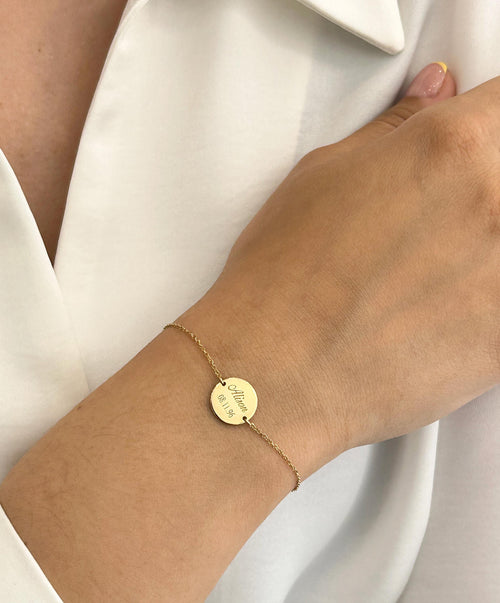 14K Solid Gold Handwriting Disc Bracelet – Personalized Engraving, gallery view 2 of 10