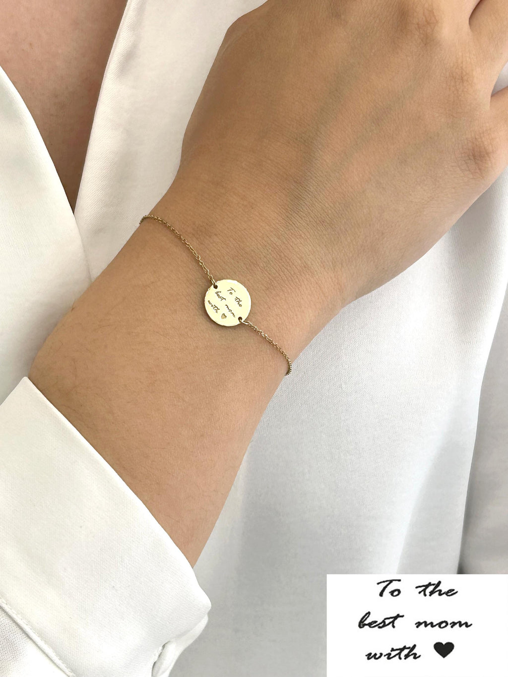14K Solid Gold Handwriting Disc Bracelet – Personalized Engraving, gallery view 4 of 10