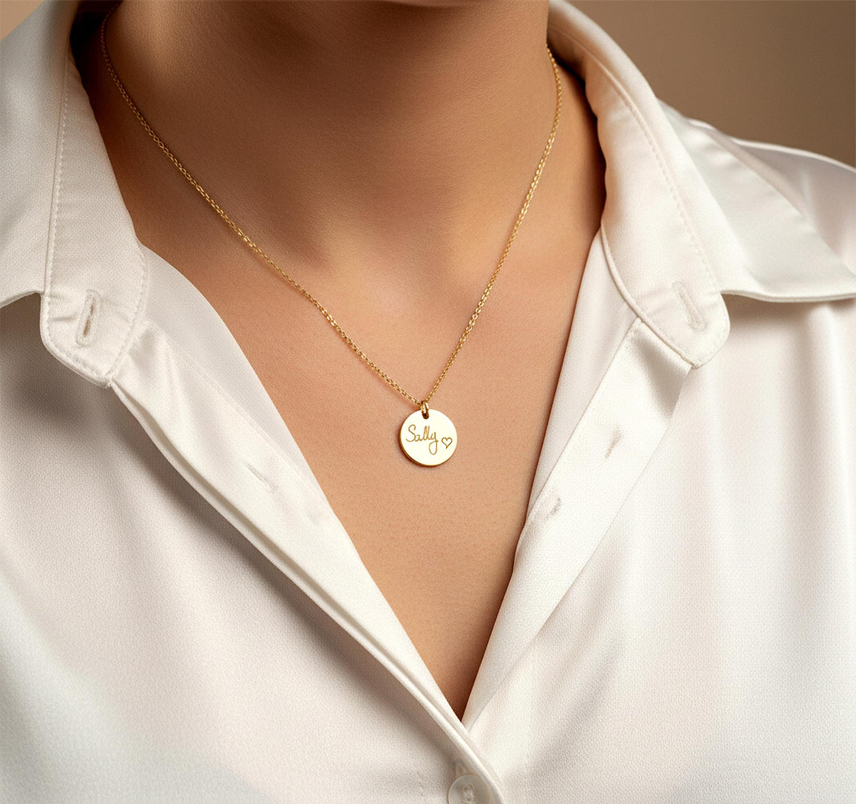 14K Solid Gold Handwriting Disc Pendant Necklace, gallery view 2 of 10