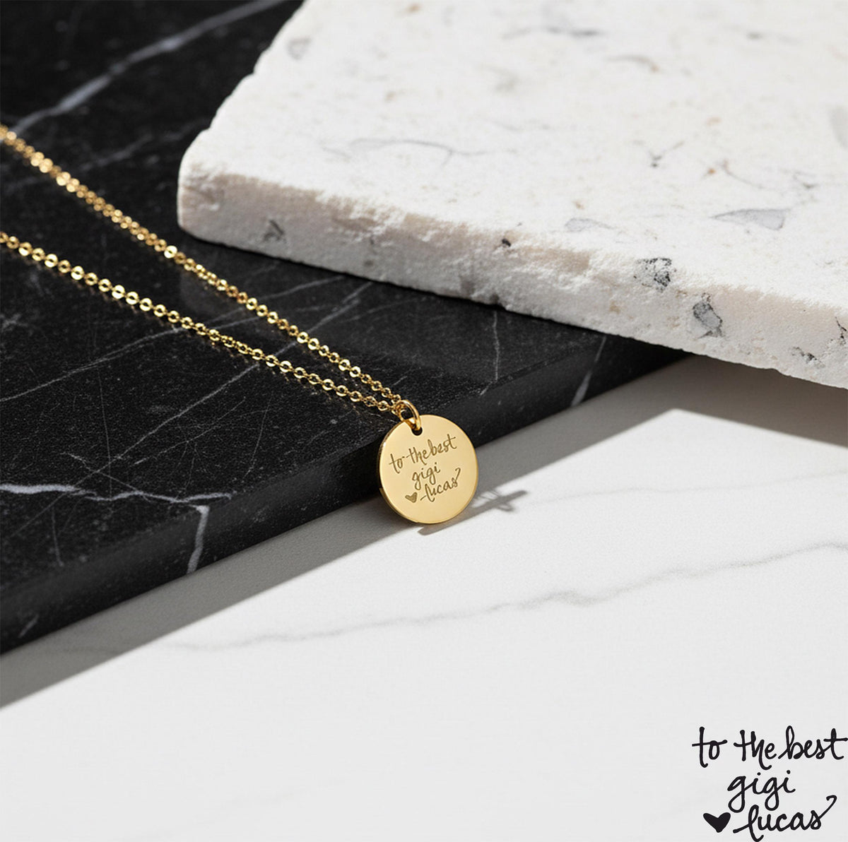14K Solid Gold Handwriting Disc Pendant Necklace, gallery view 3 of 10