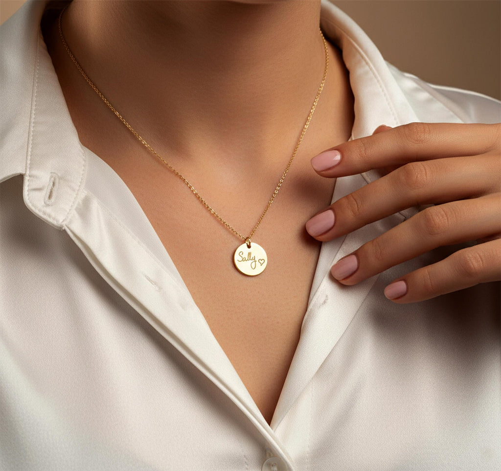 14K Solid Gold Handwriting Disc Pendant Necklace, gallery view 4 of 10