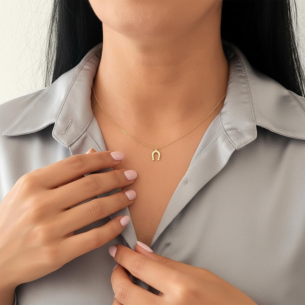 14K Solid Gold Horseshoe Pendant Necklace – Lucky Charm, main product view