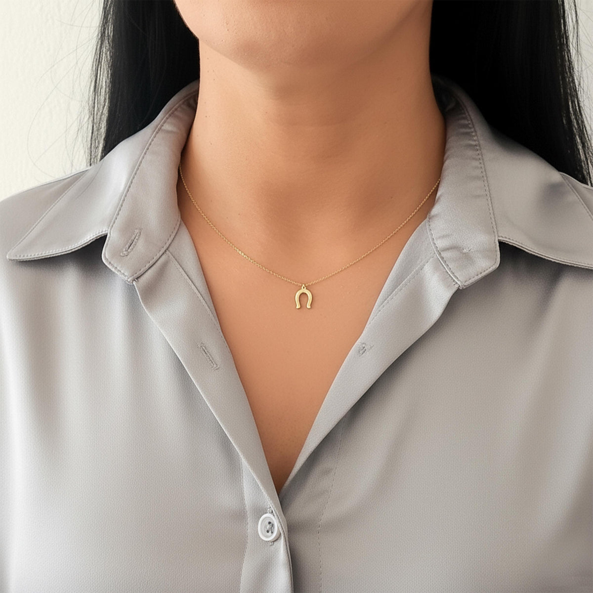 14K Solid Gold Horseshoe Pendant Necklace – Lucky Charm, gallery view 2 of 7