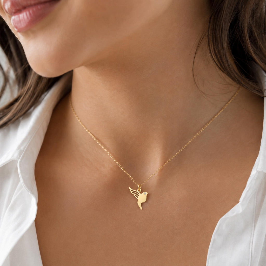 14K Solid Gold Hummingbird Diamond Pendant Necklace – Dainty Bird Charm, gallery view 2 of 9