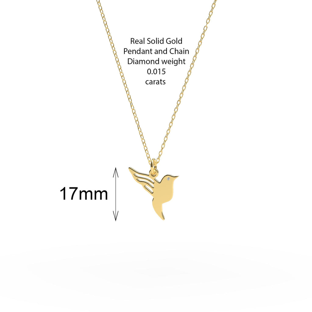 14K Solid Gold Hummingbird Diamond Pendant Necklace – Dainty Bird Charm, gallery view 3 of 9