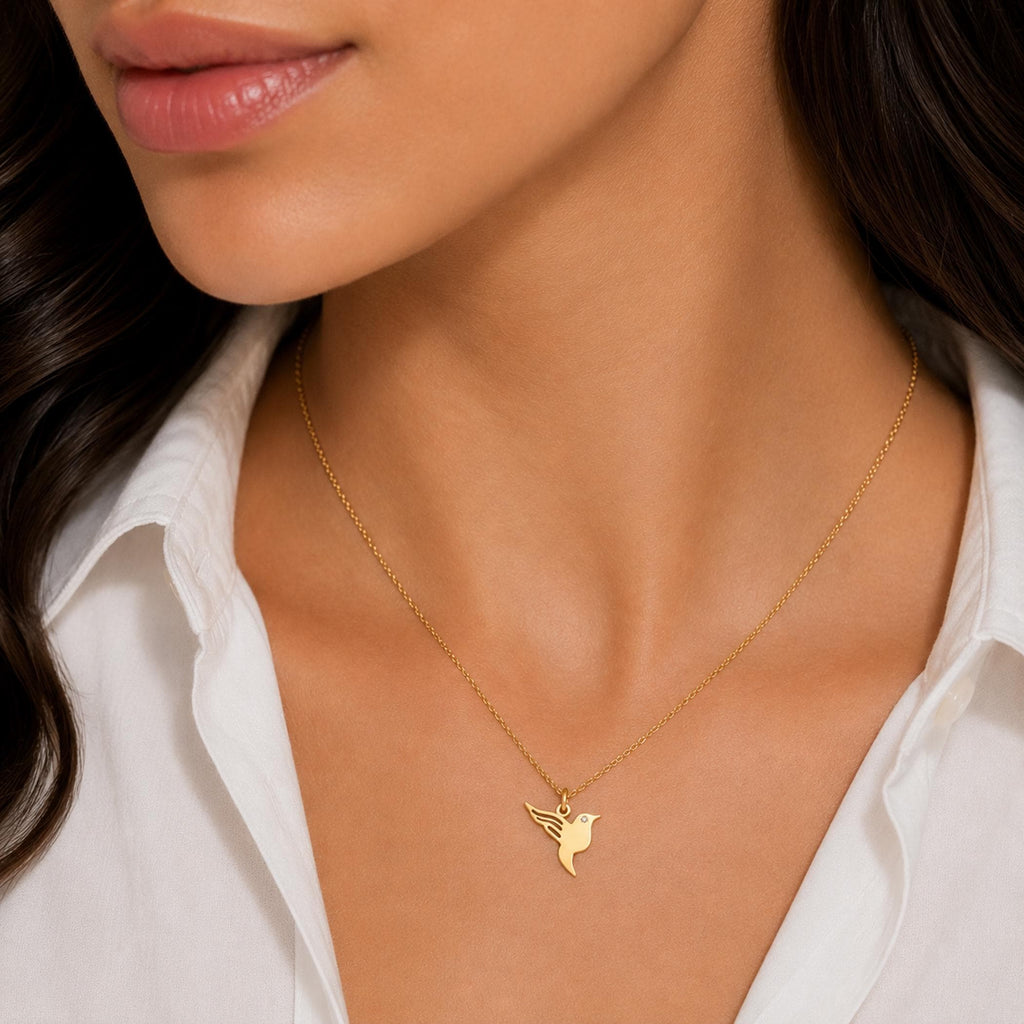 14K Solid Gold Hummingbird Diamond Pendant Necklace – Dainty Bird Charm, gallery view 4 of 9