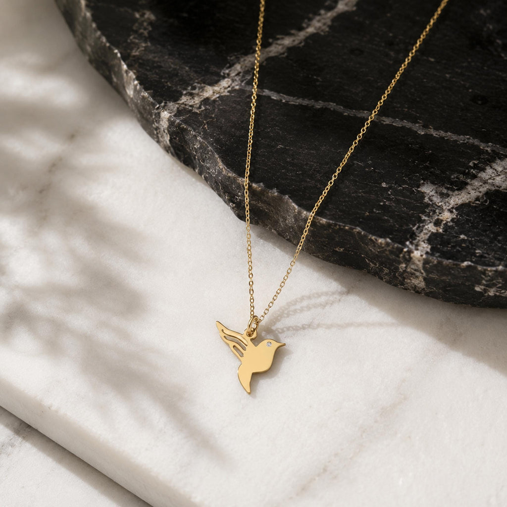 14K Solid Gold Hummingbird Diamond Pendant Necklace – Dainty Bird Charm, gallery view 6 of 9
