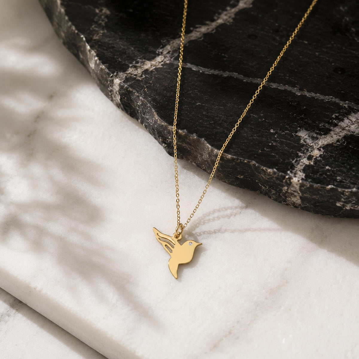 14K Solid Gold Hummingbird Diamond Pendant Necklace – Dainty Bird Charm, gallery view 6 of 9