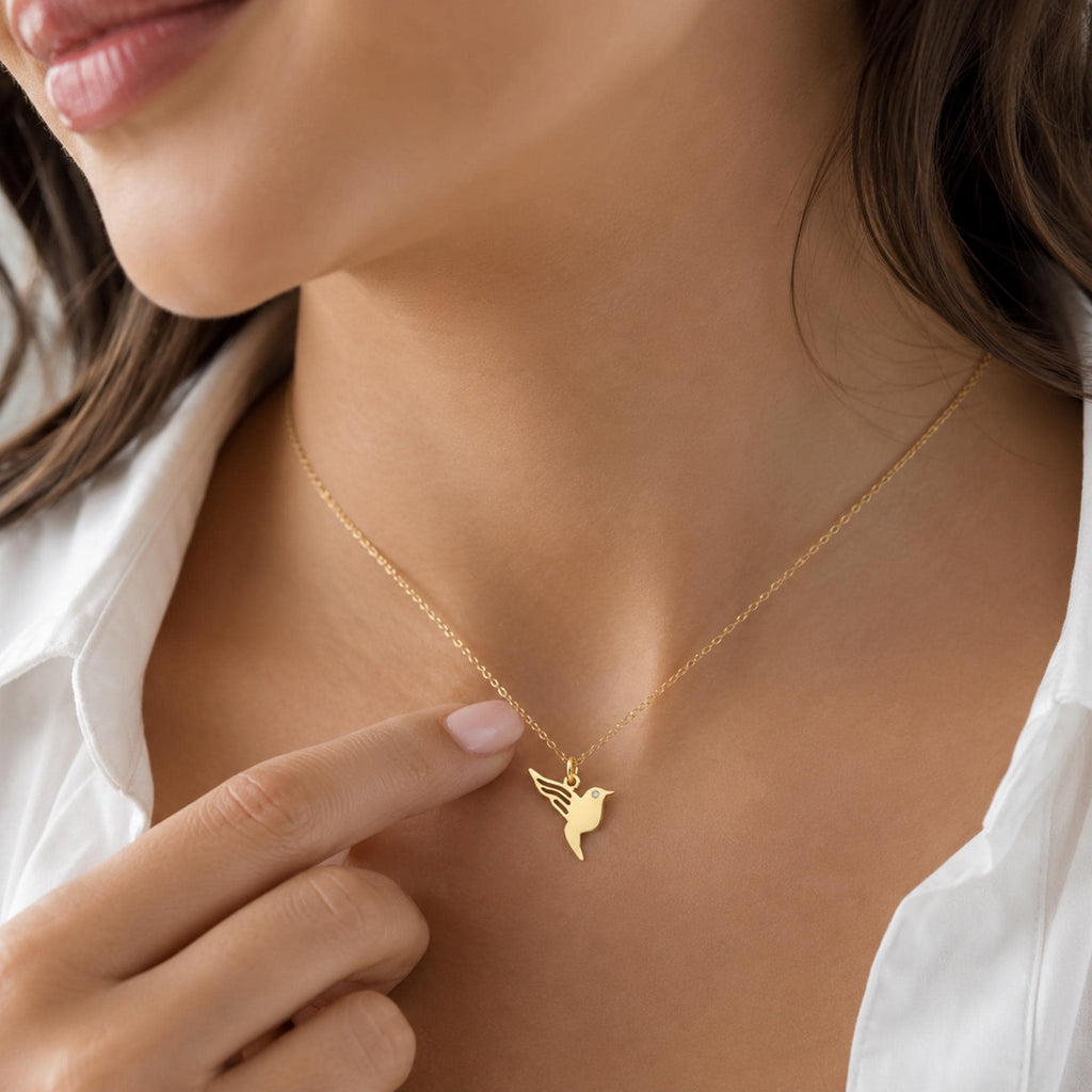 14K Solid Gold Hummingbird Diamond Pendant Necklace – Dainty Bird Charm, gallery view 7 of 9
