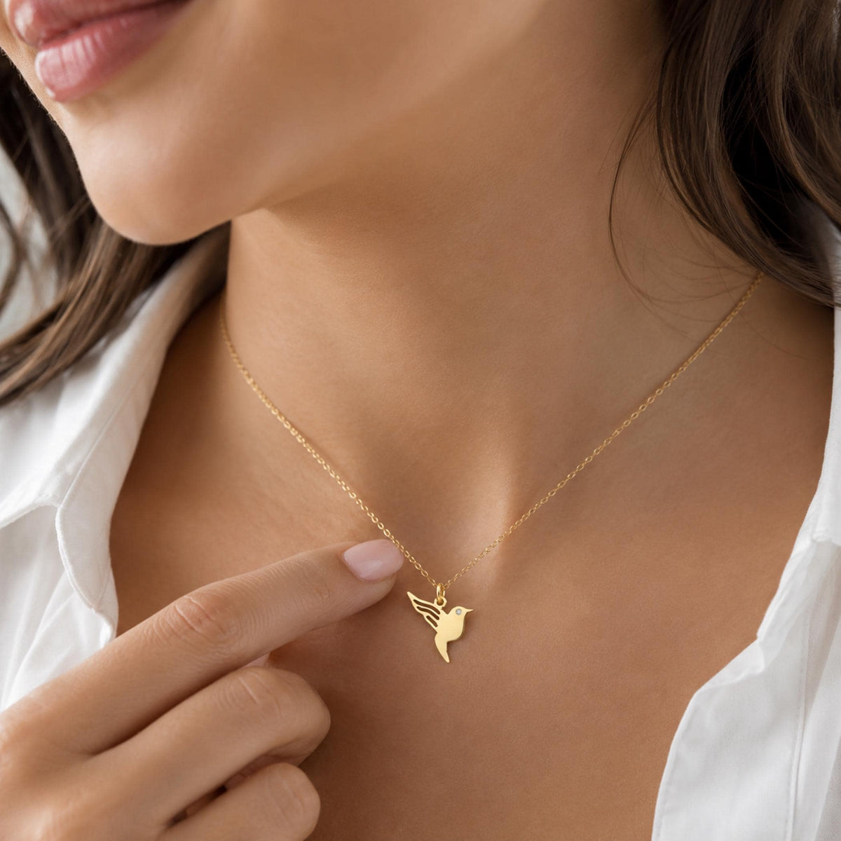 14K Solid Gold Hummingbird Diamond Pendant Necklace – Dainty Bird Charm, gallery view 7 of 9