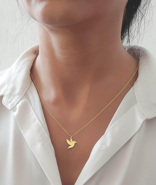 14K Solid Gold Hummingbird Necklace – Dainty Bird Pendant, main product view