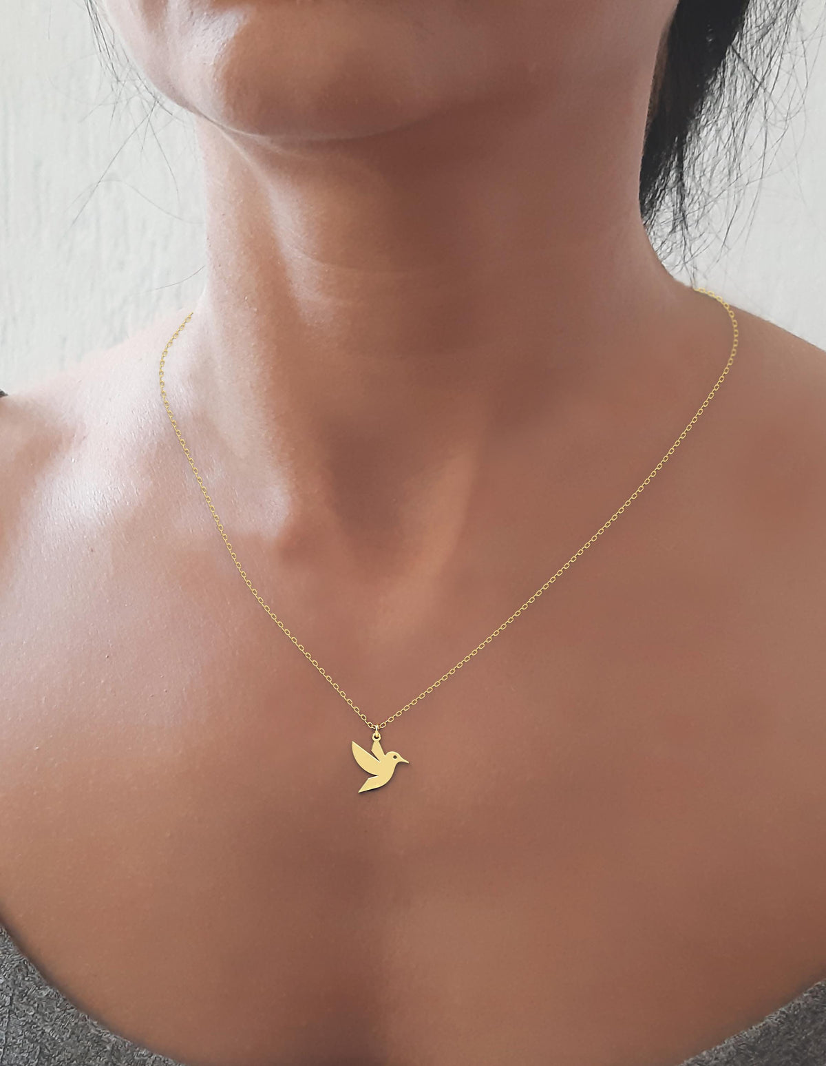 14K Solid Gold Hummingbird Necklace – Dainty Bird Pendant, gallery view 3 of 7