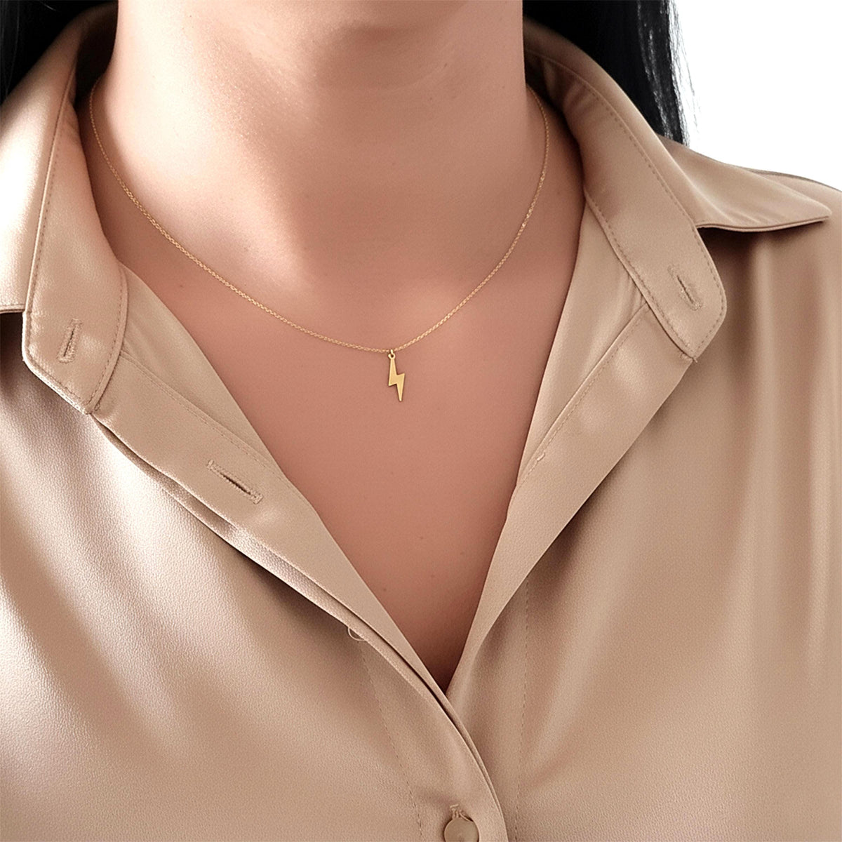 14K Solid Gold Lightning Bolt Necklace, gallery view 3 of 9
