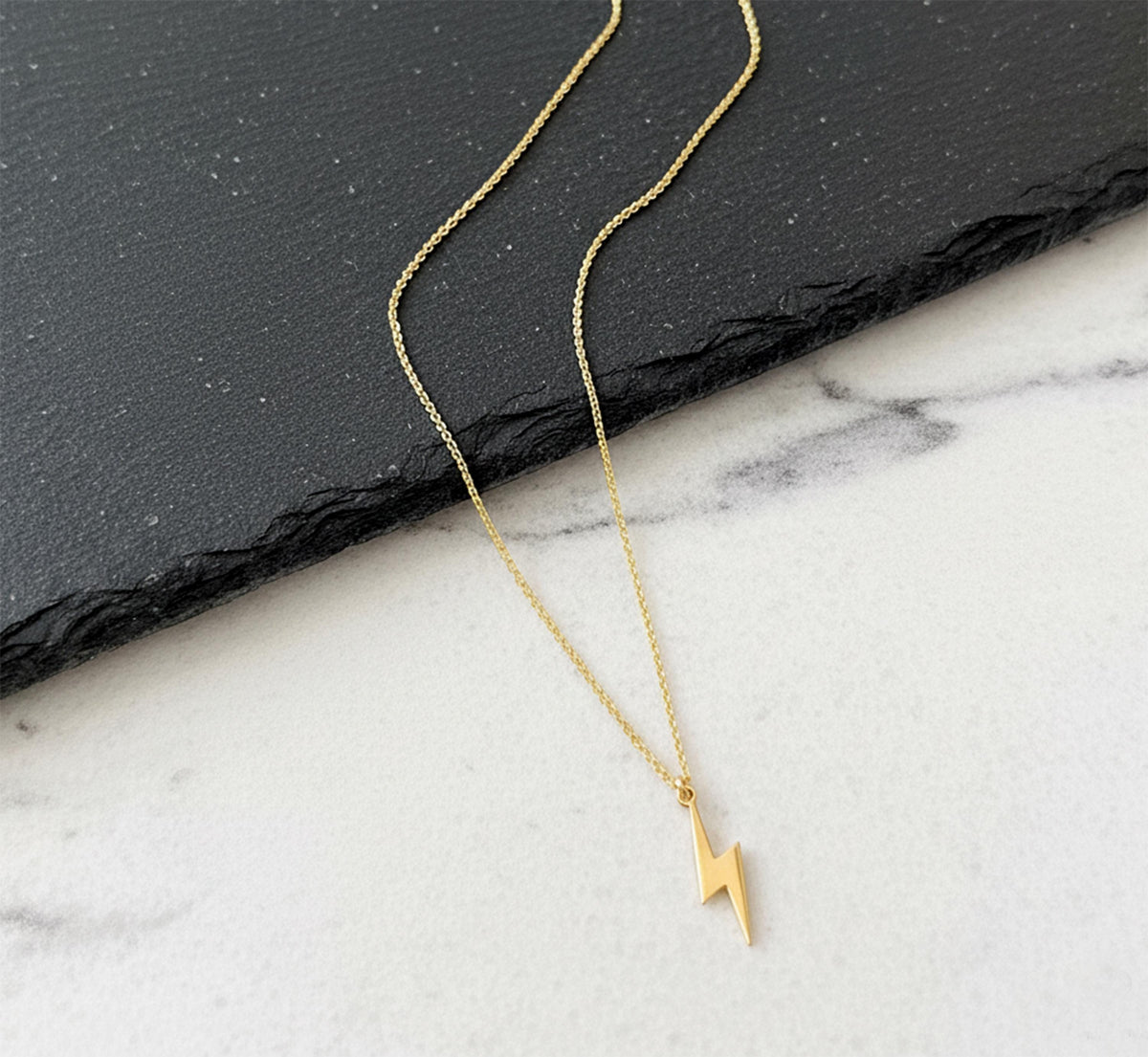 14K Solid Gold Lightning Bolt Necklace – Dainty Thunderbolt Pendant, gallery view 2 of 9