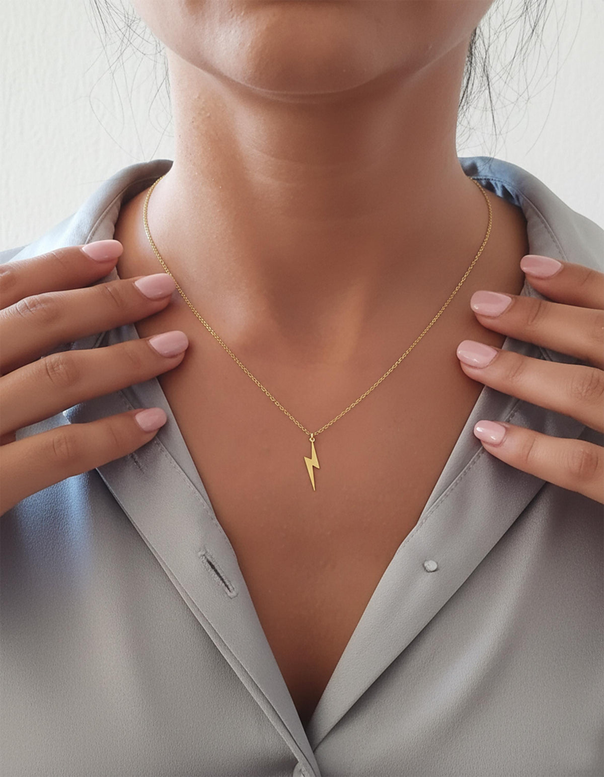 14K Solid Gold Lightning Bolt Necklace – Dainty Thunderbolt Pendant, gallery view 3 of 9