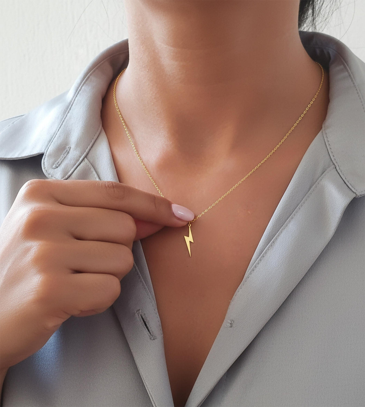 14K Solid Gold Lightning Bolt Necklace – Dainty Thunderbolt Pendant, gallery view 6 of 9