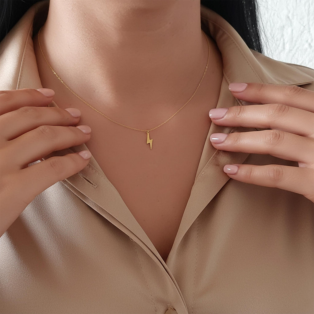 14K Solid Gold Lightning Bolt Necklace – Dainty Thunderbolt Pendant, gallery view 8 of 9