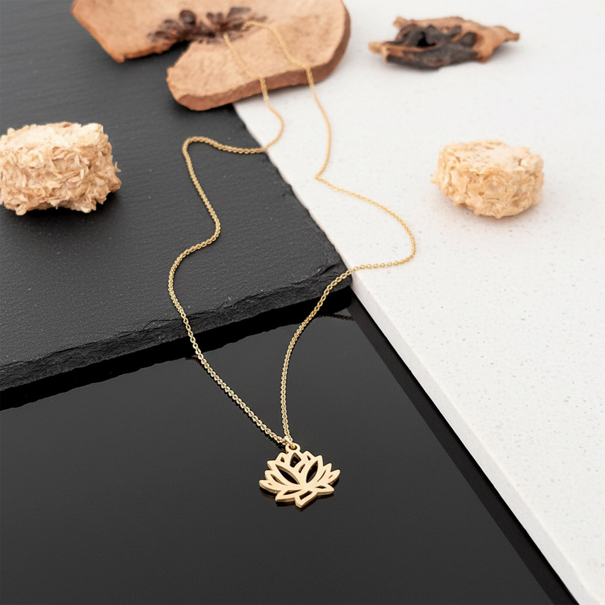 14K Solid Gold Lotus Flower Necklace – Dainty Yoga Pendant, gallery view 2 of 7