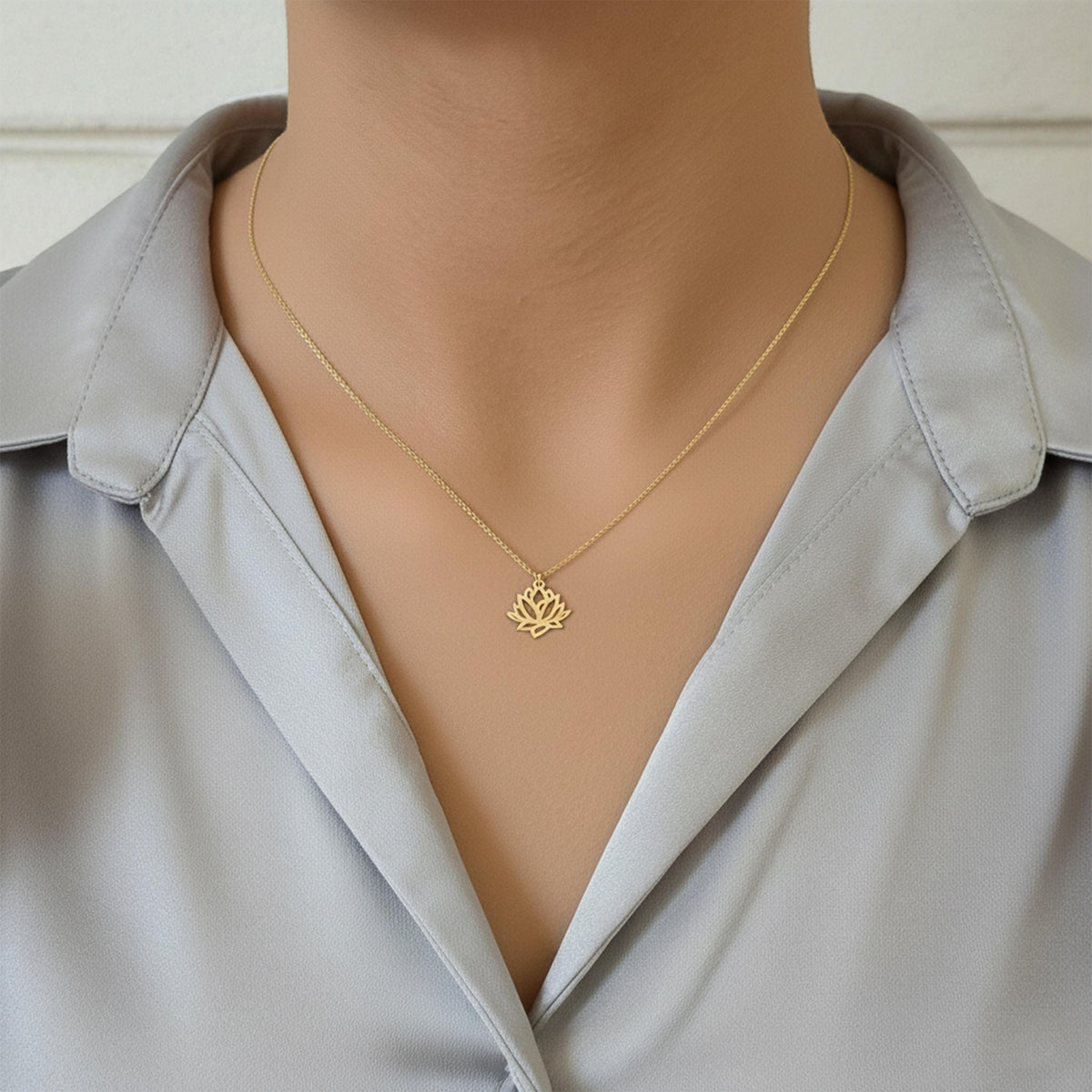 14K Solid Gold Lotus Flower Necklace – Dainty Yoga Pendant, gallery view 3 of 7
