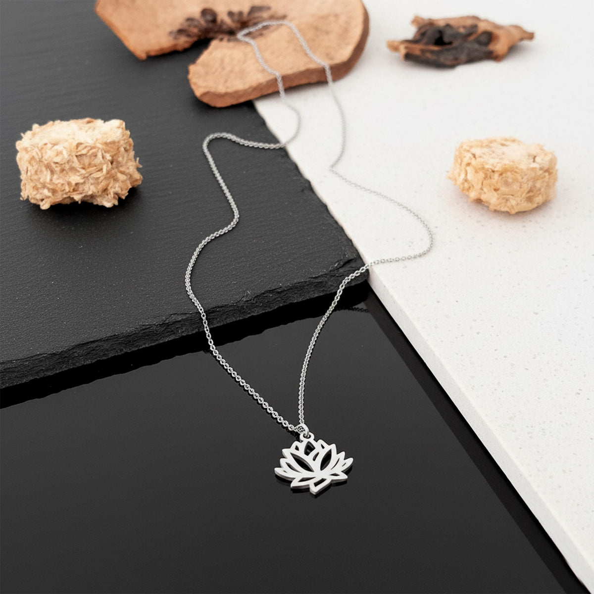 14K Solid Gold Lotus Flower Necklace – Dainty Yoga Pendant, gallery view 4 of 7