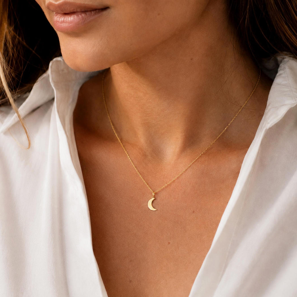 14K Solid Gold Moon Necklace – Crescent Moon Pendant – Layering Necklace, main product view