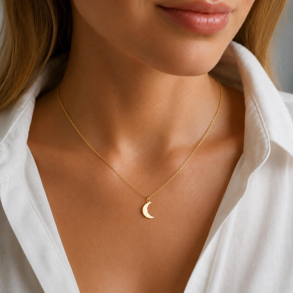 14K Solid Gold Moon Necklace – Crescent Moon Pendant – Layering Necklace, gallery view 6 of 10