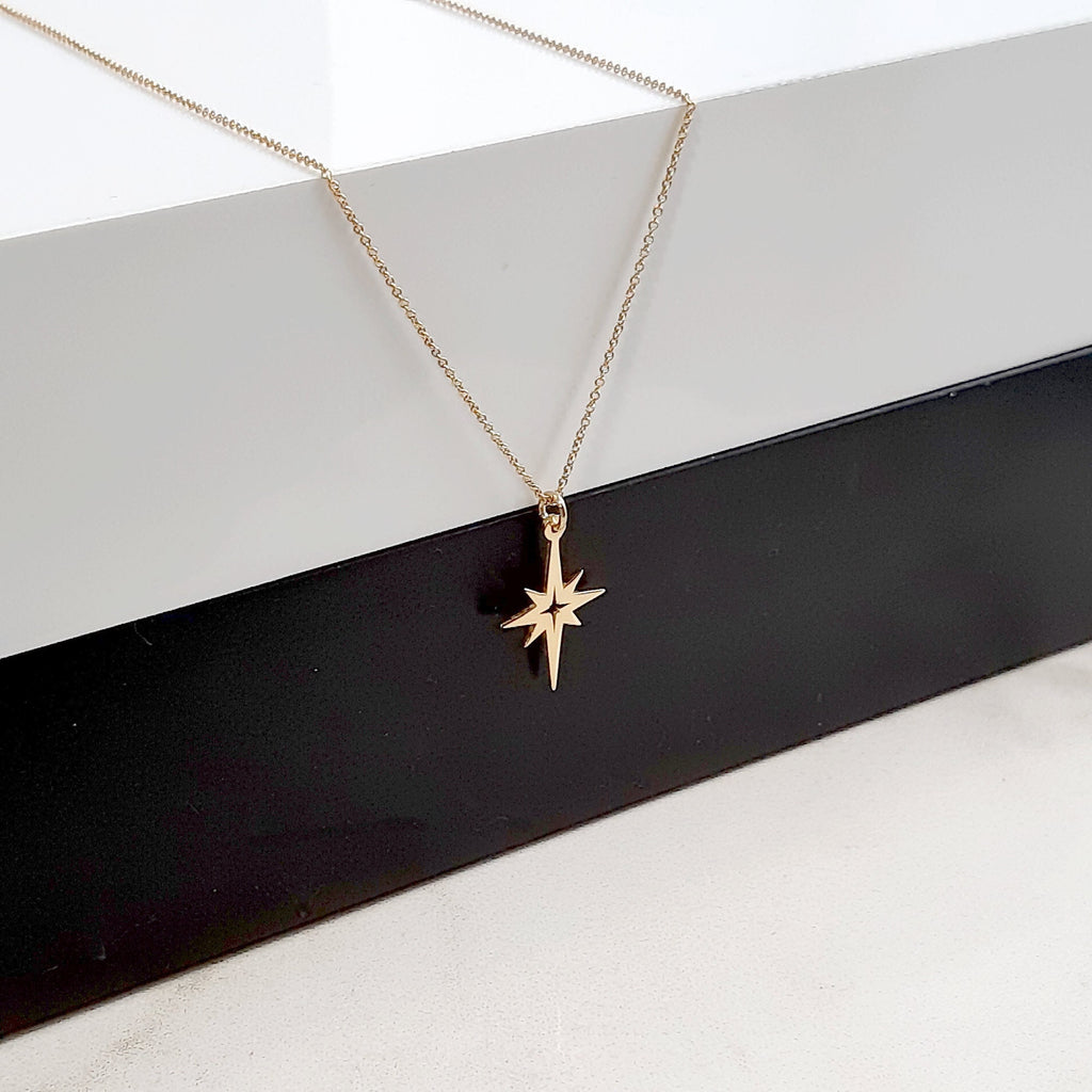 14K Solid Gold North Star Necklace – Dainty Celestial Starburst Charm, main product view