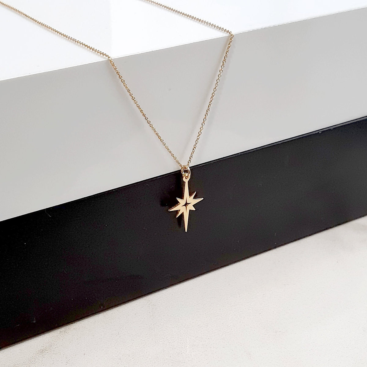 14K Solid Gold North Star Necklace – Dainty Celestial Starburst Charm, main product view