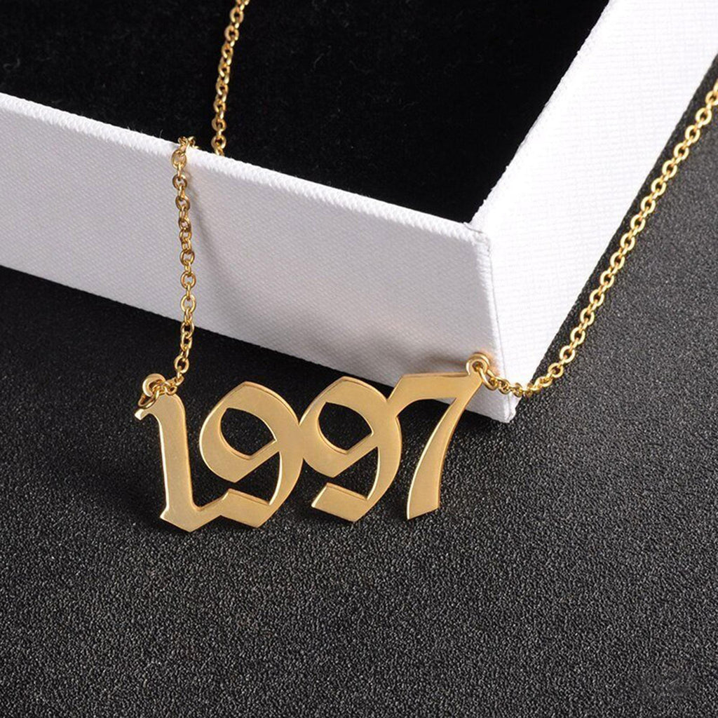 14K Solid Gold Old English Birthdate Necklace, gallery view 2 of 10