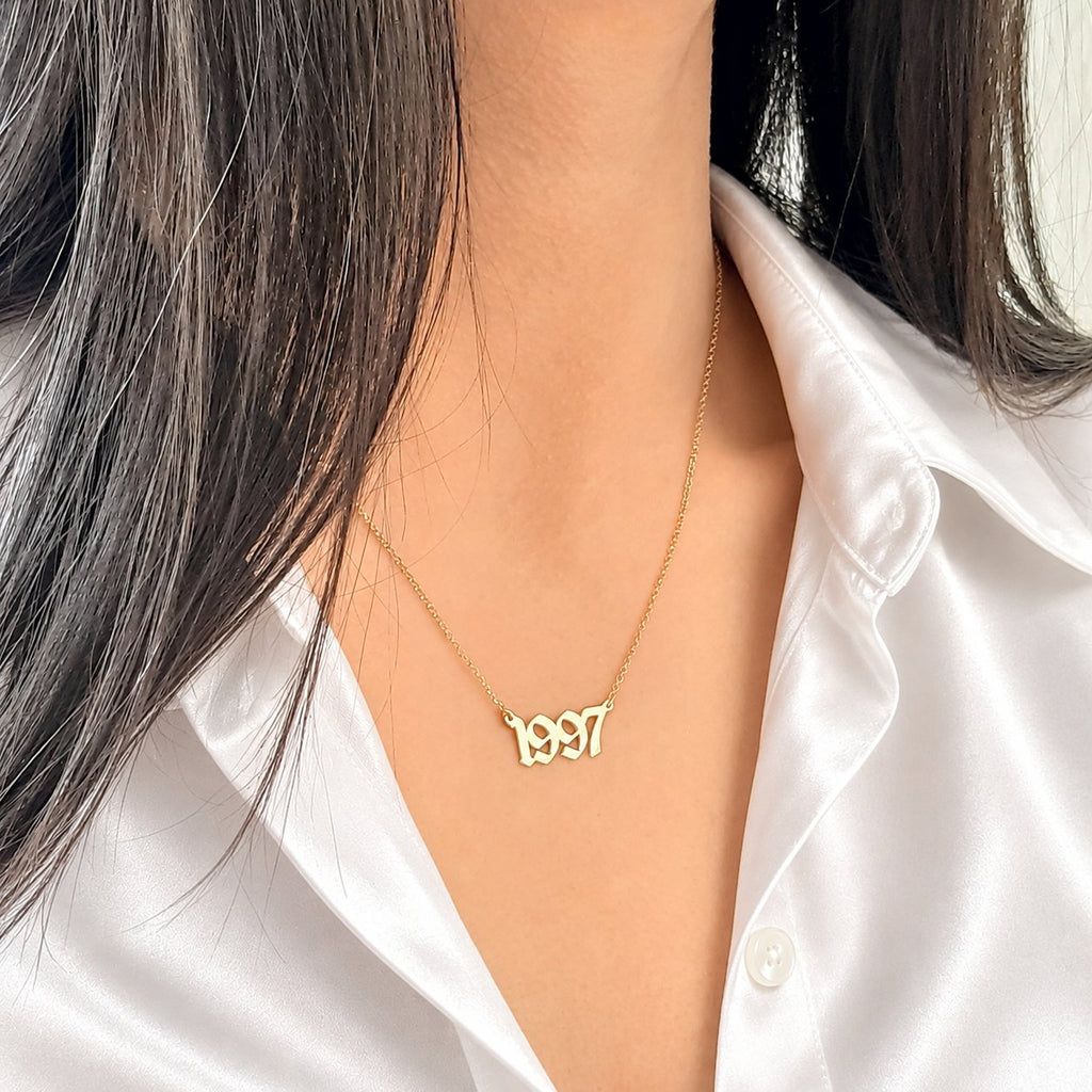 14K Solid Gold Old English Birthdate Necklace, gallery view 3 of 10