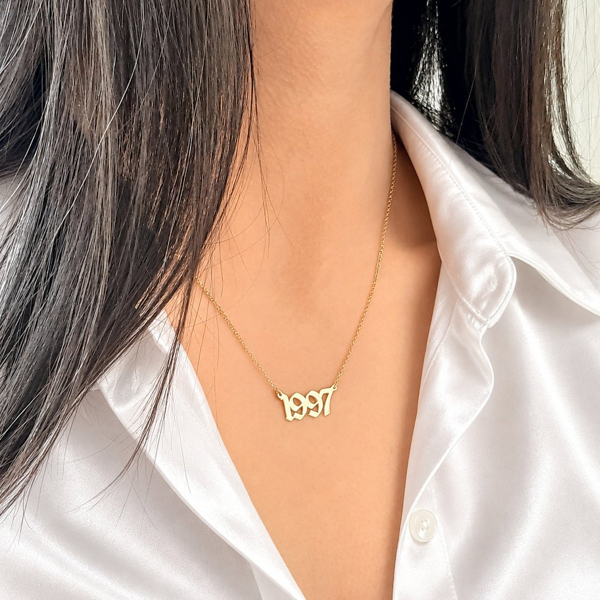 14K Solid Gold Old English Birthdate Necklace, gallery view 3 of 10