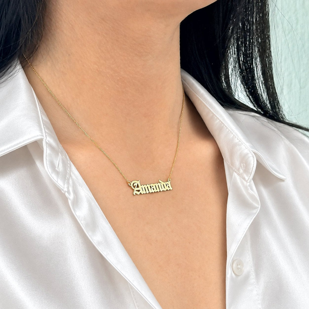 14K Solid Gold Old English Birthdate Necklace, gallery view 4 of 10