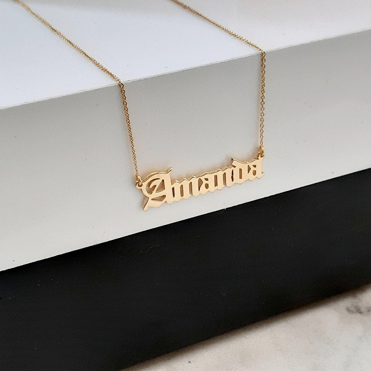 14K Solid Gold Old English Birthdate Necklace, gallery view 5 of 10