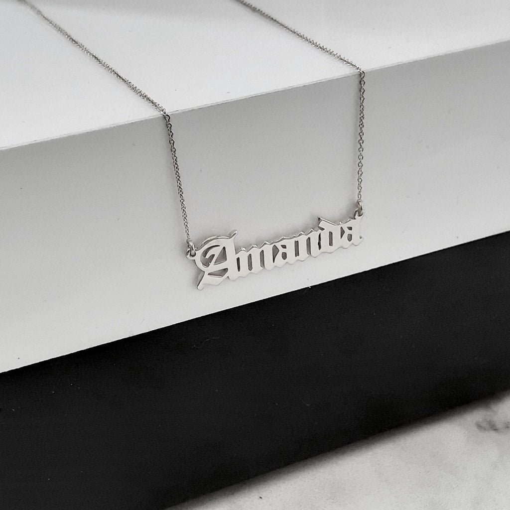 14K Solid Gold Old English Birthdate Necklace, gallery view 9 of 10