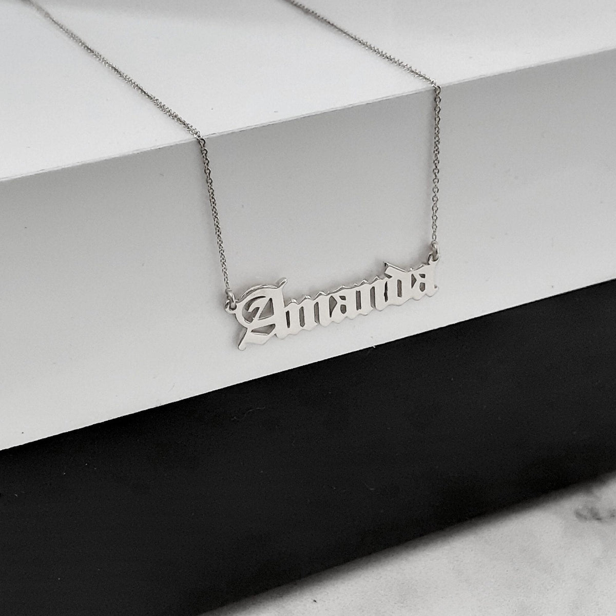 14K Solid Gold Old English Birthdate Necklace, gallery view 9 of 10