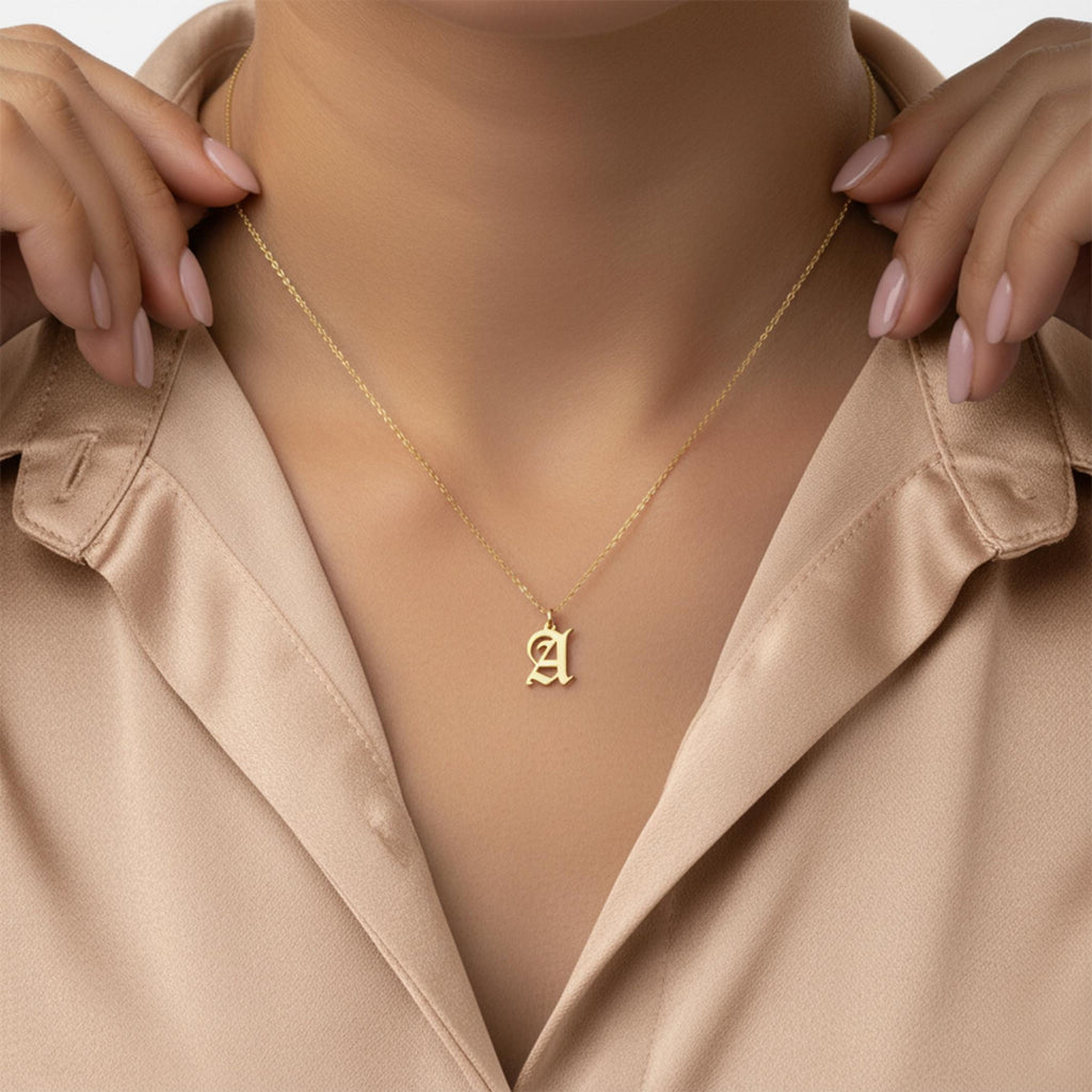 14K Solid Gold Old English Initial Necklace, main product view