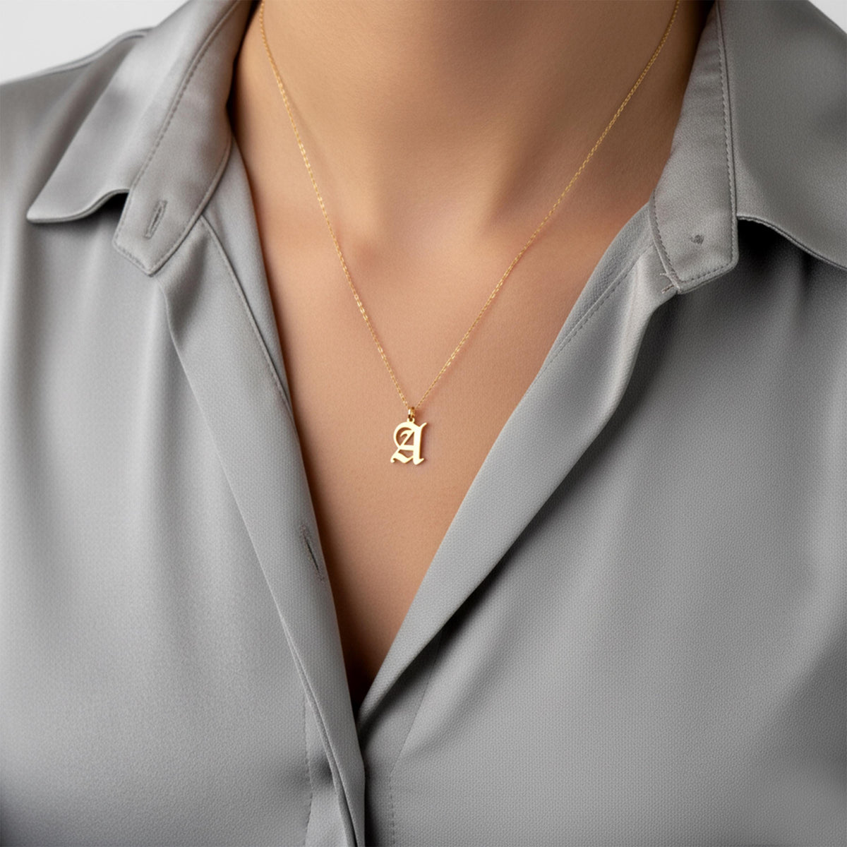 14K Solid Gold Old English Initial Necklace, gallery view 10 of 10