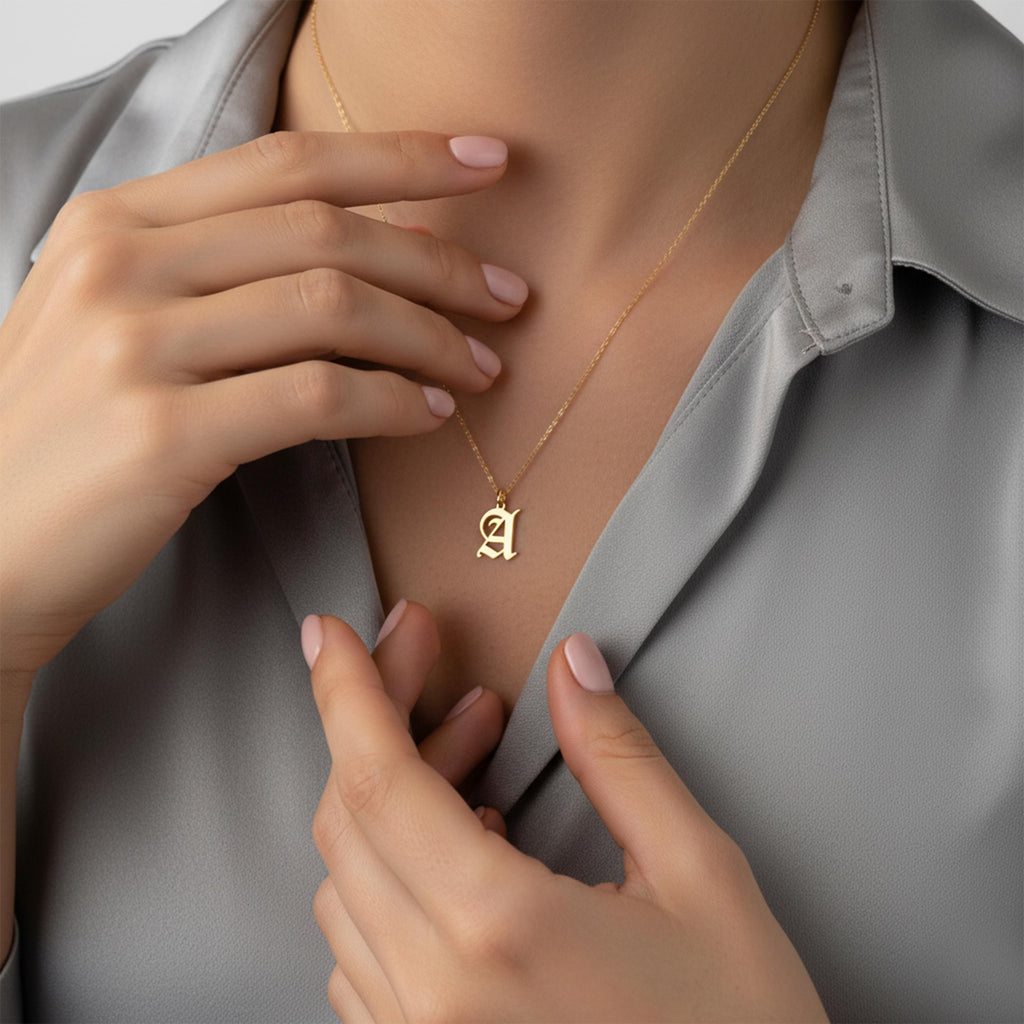14K Solid Gold Old English Initial Necklace, gallery view 2 of 10