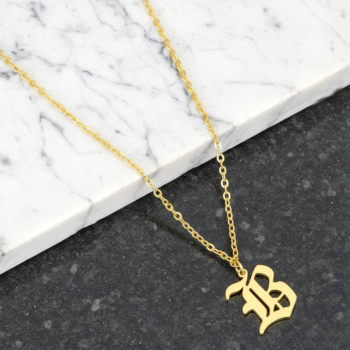 14K Solid Gold Old English Initial Necklace, gallery view 3 of 10