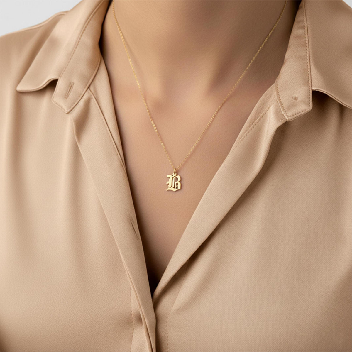 14K Solid Gold Old English Initial Necklace, gallery view 4 of 10
