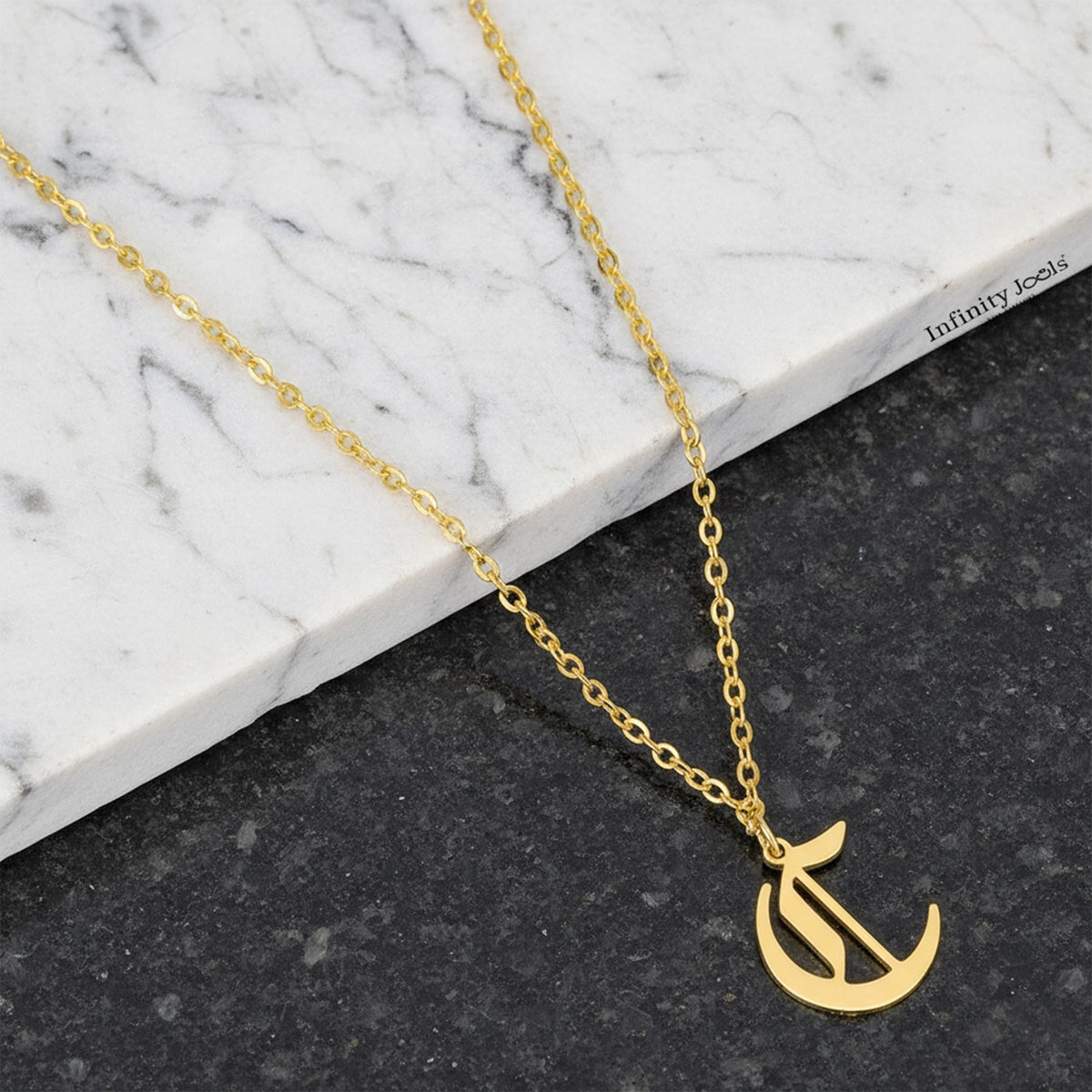 14K Solid Gold Old English Initial Necklace, gallery view 5 of 10