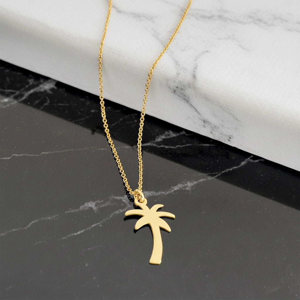 14K Solid Gold Palm Tree Necklace – Dainty Minimalist Charm, main product view